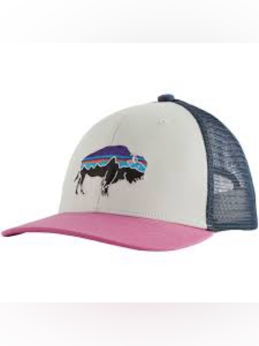 Patagonia Pink and White Trucker Hat with Buffalo Patch